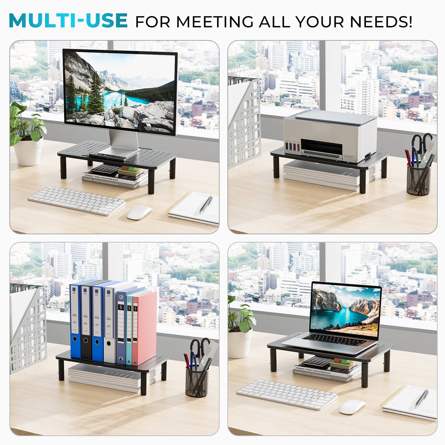BONTEC Adjustable Monitor Stand, Ergonomic Metal Riser with 3 Height Levels (100/120/140mm), Ventilated Mesh Surface, Up to 20KG Weight Capacity, Cable Management, Laptop & Computer Monitor Riser