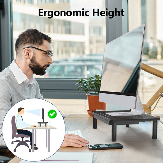 BONTEC Monitor Stand with Drawer, 3 Height Adjustable Monitor Riser for Desk, Mesh Platform for Laptop, Computer, iMac, Printer up to 20KG, Desk Organizer with Cable Ties Included