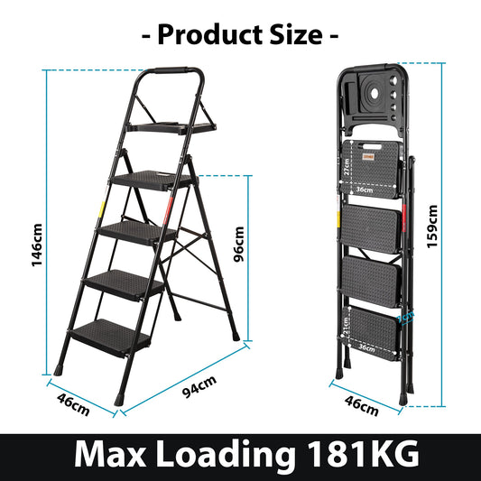 BONTEC 4 Step Ladder with Wide Anti-Slip Pedals, Folding Step Stool Capacity 181KG, Sponge Handrail, Strong and Solid Portable Ladder Suitable for Home, Kitchen, Pantry, Indoor/Outdoor Use, Black