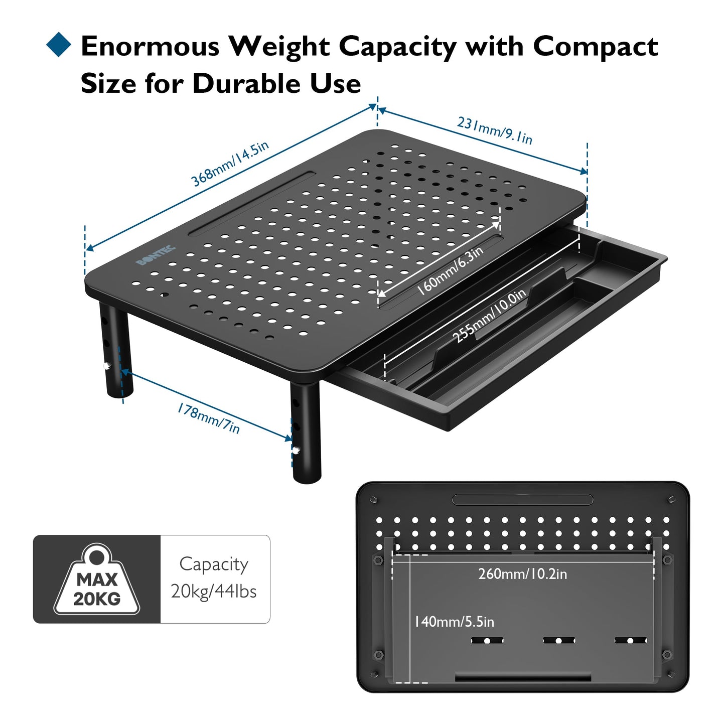 BONTEC Monitor Stand with Drawer, 3 Height Adjustable PC Monitor Riser for Desk with Mesh Platform for Laptop, Computer, iMac, PC, Printer up to 20KG, Cable Ties Included