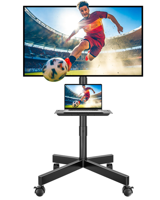 BONTEC Mobile TV Stand on Wheels, Rolling TV Cart with Media Shelf, TV Mount Stand with Tilt, 2-Level Height Adjustable Low-Profile Design for 23–60in LED/LCD/OLED TVs, Holds 40kg, Max VESA 400x400mm