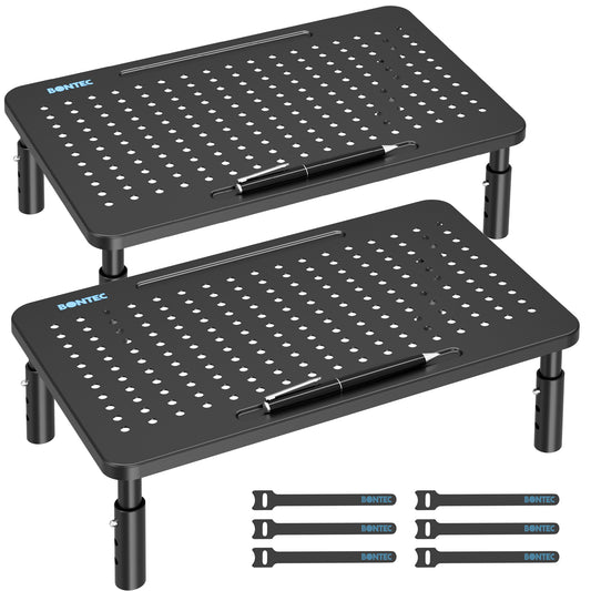 BONTEC Metal Monitor Stand, Adjustable Height Riser for Desk, Ergonomic 3-Level Desk Organizer with Cable Management, Laptop & Computer Monitor Stand up to 20KG, 2 Pack