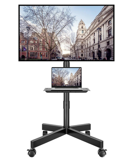 BONTEC Mobile TV Stand on Wheels, Rolling TV Cart with Media Shelf, TV Mount Stand with Tilt, 2-Level Height Adjustable Low-Profile Design for 23–60in LED/LCD/OLED TVs, Holds 40kg, Max VESA 400x400mm
