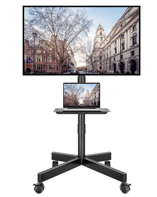 BONTEC Mobile TV Stand on Wheels, Rolling TV Cart with Media Shelf, TV Mount Stand with Tilt, 2-Level Height Adjustable Low-Profile Design for 23–60in LED/LCD/OLED TVs, Holds 40kg, Max VESA 400x400mm