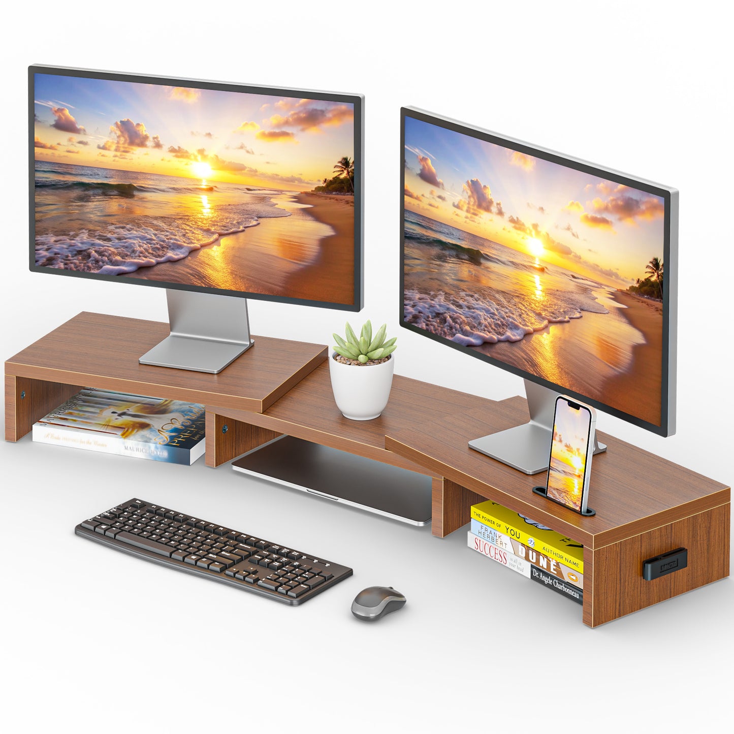 BONTEC Dual Monitor Stand Riser, Adjustable Length & Angle, Ergonomic Desk Organizer with Smartphone Holder, Extra Storage & Cable Management, Wooden Monitor Riser for Laptop, Printer & Monitor