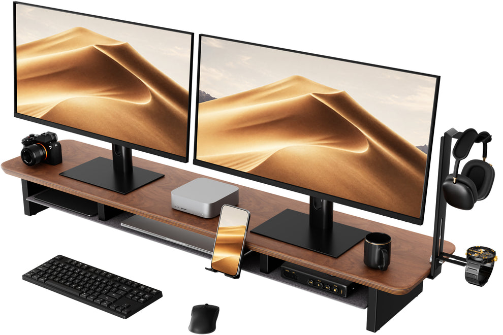 108cm Dual Monitor Stand Riser, Walnut Finish | BONTEC