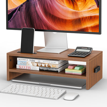 BONTEC Wood Monitor Stand Riser, Desk Monitor Stand with Smartphone Holder, Ergonomic Laptop Stand with Cable Management for Computer, Notebook, PC, 2 Tiers Black (W420 x D235 x H142mm)