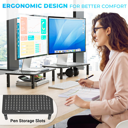 BONTEC Adjustable Monitor Stand, Ergonomic Metal Riser with 3 Height Levels (100/120/140mm), Ventilated Mesh Surface, Up to 20KG Weight Capacity, Cable Management, Laptop & Computer Monitor Riser