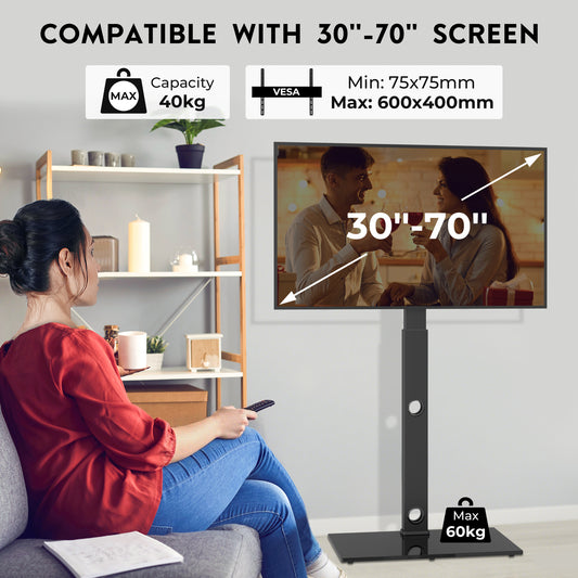 BONTEC TV Floor Stand for 30-70 Inch LED LCD OLED Flat Curved TVs, Height Adjustable Tall Swivel Standing TV Stand, Universal Freestanding Floor Standing TV Stand Base up to 40kg, Max VESA 600x400mm