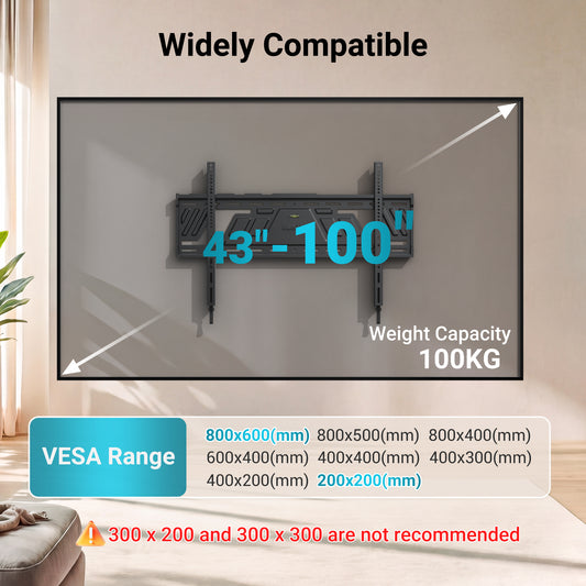 BONTEC Fixed TV Wall Bracket for 43 to 100 Inch Flat and Curved TVs, Ultra Slim 23 mm Low Profile, Heavy Duty 100 kg Load Capacity, Max VESA 800x600mm, Single Piece Plate, Clean Flush Fit Design