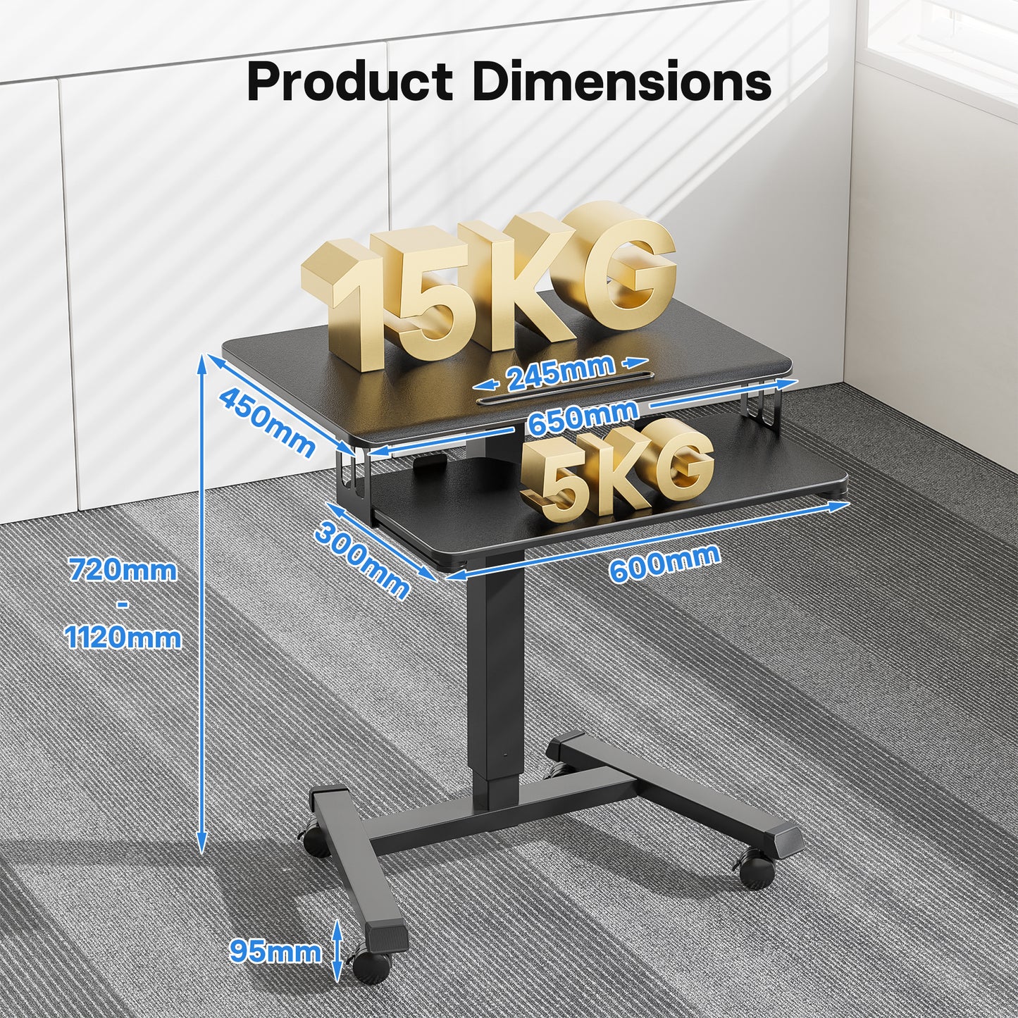 BONTEC 65×45cm Two-Tier Mobile Computer Workstation, Height Adjustable Desk with 4 Rolling Castors, Laptop Stand on Wheels, Portable Side Table for Home Office, Living Room, Bedroom