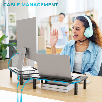 BONTEC Adjustable Monitor Stand, Ergonomic Metal Riser with 3 Height Levels (100/120/140mm), Ventilated Mesh Surface, Up to 20KG Weight Capacity, Cable Management, Laptop & Computer Monitor Riser