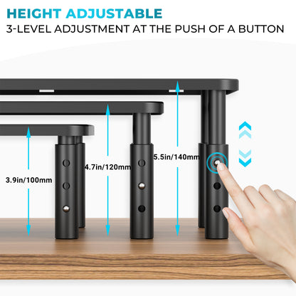 BONTEC Adjustable Monitor Stand, Ergonomic Metal Riser with 3 Height Levels (100/120/140mm), Ventilated Mesh Surface, Up to 20KG Weight Capacity, Cable Management, Laptop & Computer Monitor Riser