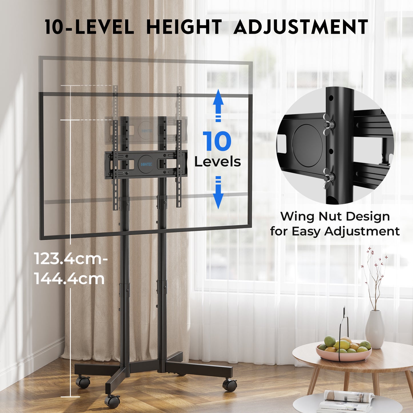 BONTEC Rolling TV Stand for 32-75 inch TVs, Mobile TV Cart with Lockable Wheels, Height Adjustable, Max VESA 400x400mm, Portable TV Stand on Wheels with Cable Management, TV Floor Stand, Black
