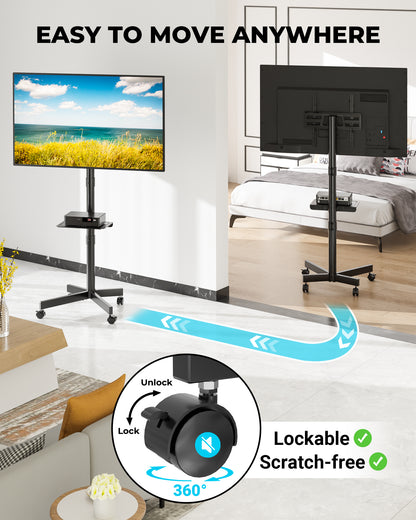 BONTEC Mobile TV Stand on Wheels, Rolling TV Cart with Media Shelf, TV Mount Stand with Tilt, 2-Level Height Adjustable Low-Profile Design for 23–60in LED/LCD/OLED TVs, Holds 40kg, Max VESA 400x400mm