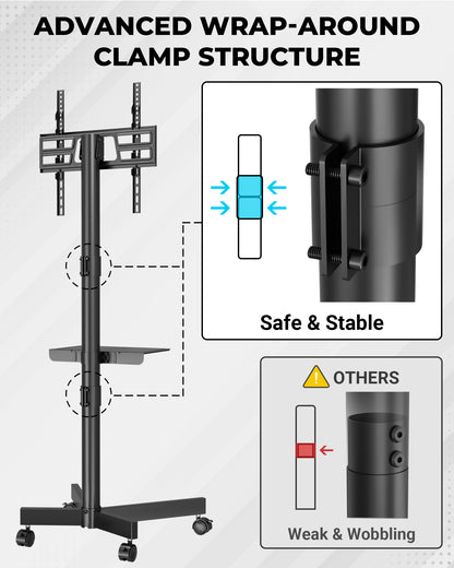 BONTEC Mobile TV Stand on Wheels, Rolling TV Cart with Media Shelf, TV Mount Stand with Tilt, 2-Level Height Adjustable Low-Profile Design for 23–60in LED/LCD/OLED TVs, Holds 40kg, Max VESA 400x400mm