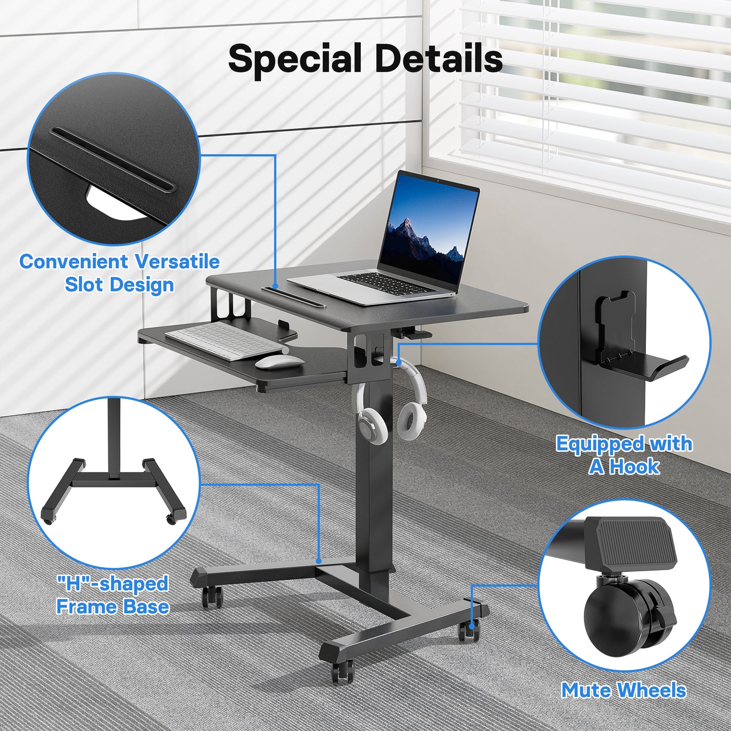 BONTEC 65×45cm Two-Tier Mobile Computer Workstation, Height Adjustable Desk with 4 Rolling Castors, Laptop Stand on Wheels, Portable Side Table for Home Office, Living Room, Bedroom
