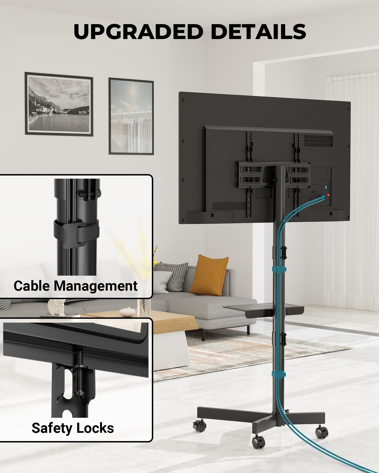 BONTEC Mobile TV Stand on Wheels, Rolling TV Cart with Media Shelf, TV Mount Stand with Tilt, 2-Level Height Adjustable Low-Profile Design for 23–60in LED/LCD/OLED TVs, Holds 40kg, Max VESA 400x400mm