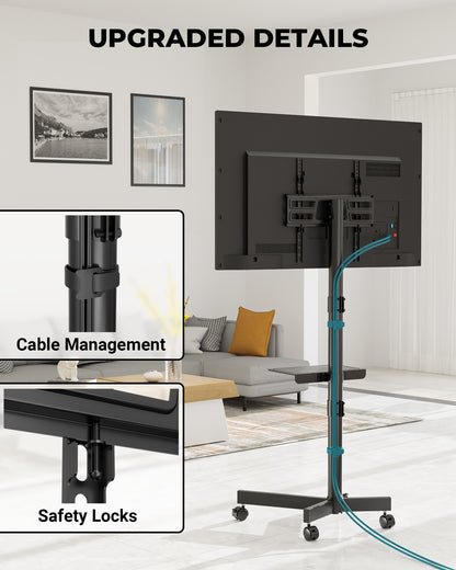 BONTEC Mobile TV Stand on Wheels, Rolling TV Cart with Media Shelf, TV Mount Stand with Tilt, 2-Level Height Adjustable Low-Profile Design for 23–60in LED/LCD/OLED TVs, Holds 40kg, Max VESA 400x400mm