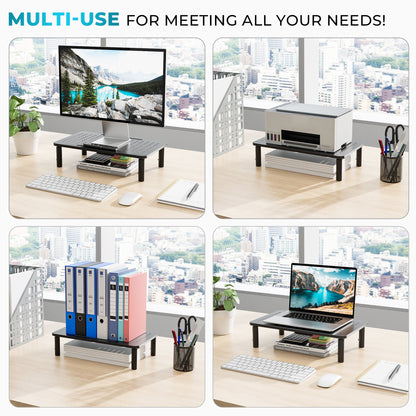 BONTEC Adjustable Monitor Stand, Ergonomic Metal Riser with 3 Height Levels (100/120/140mm), Ventilated Mesh Surface, Up to 20KG Weight Capacity, Cable Management, Laptop & Computer Monitor Riser
