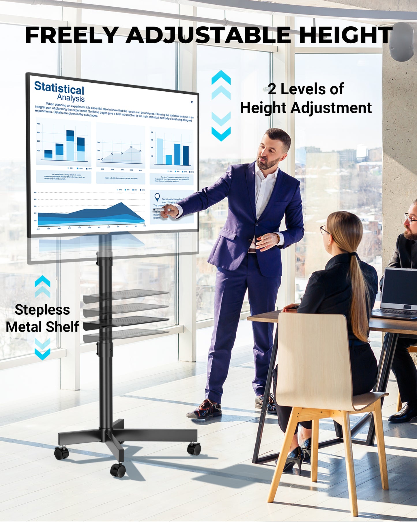 BONTEC Mobile TV Stand on Wheels, Rolling TV Cart with Media Shelf, TV Mount Stand with Tilt, 2-Level Height Adjustable Low-Profile Design for 23–60in LED/LCD/OLED TVs, Holds 40kg, Max VESA 400x400mm