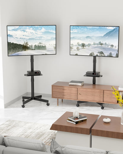 BONTEC Mobile TV Stand on Wheels, Rolling TV Cart with Media Shelf, TV Mount Stand with Tilt, 2-Level Height Adjustable Low-Profile Design for 23–60in LED/LCD/OLED TVs, Holds 40kg, Max VESA 400x400mm