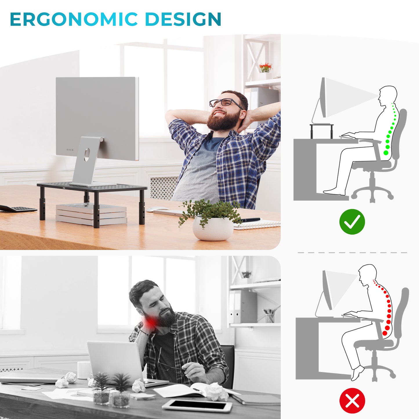 BONTEC Adjustable Monitor Stand, Ergonomic Metal Riser with 3 Height Levels (100/120/140mm), Ventilated Mesh Surface, Up to 20KG Weight Capacity, Cable Management, Laptop & Computer Monitor Riser