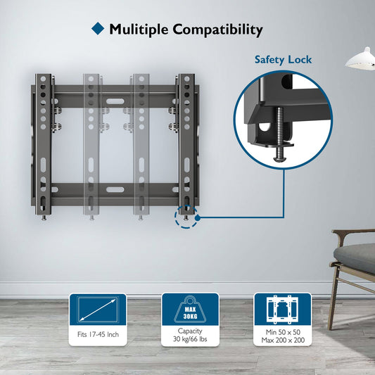 BONTEC Low Profile TV Wall Mount Bracket for Most 17-45 inch LED/ LCD/ OLED Plasma Flat Screen TVs, Ultra Slim Tilt Wall Mount up to 30kg, Max VESA 200x200mm, Bubble Level and Cable Ties Included