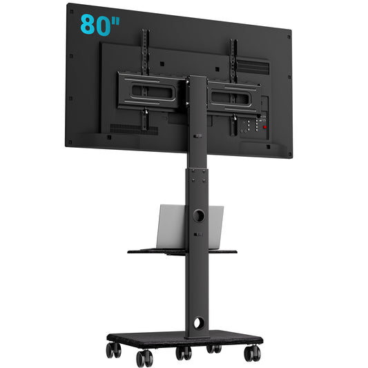BONTEC TV Stand on Wheels, 5 Wheel Wooden Base Rolling Floor Mount for 32 to 80 inch TVs, Portable Mobile Cart, Wide Column, 60 kg, VESA 600x400, Smooth Castors, Dual Cable System, Height Adjustable