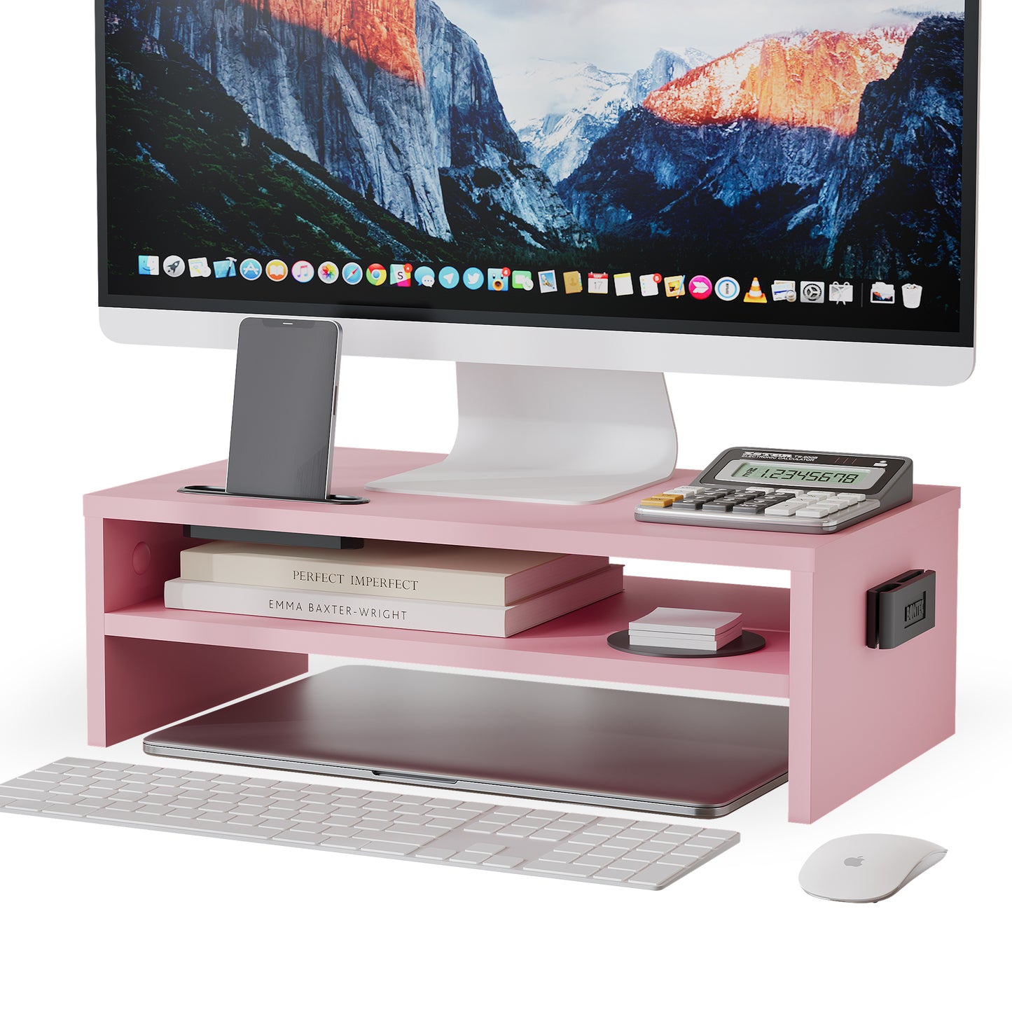 BONTEC Wood Monitor Stand Riser, Desk Monitor Stand with Smartphone Holder, Ergonomic Laptop Stand with Cable Management for Computer, Notebook, PC, 2 Tiers Black (W420 x D235 x H142mm)