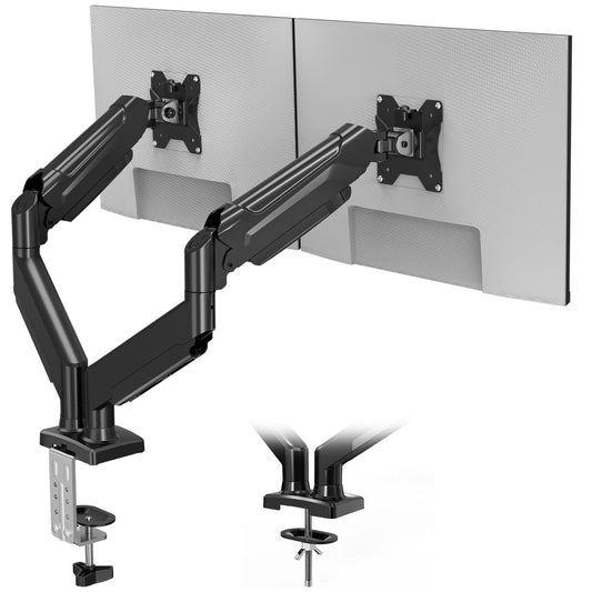 BONTEC Dual Monitor Stand, Adjustable Gas Spring Arms Monitor Desk Mount for 13-32 Inch Screens, VESA 75 & 100mm, 9KG Max Load, C Clamp, Grommet Base, Tilt, Swivel, 360° Rotation, Ergonomic Design