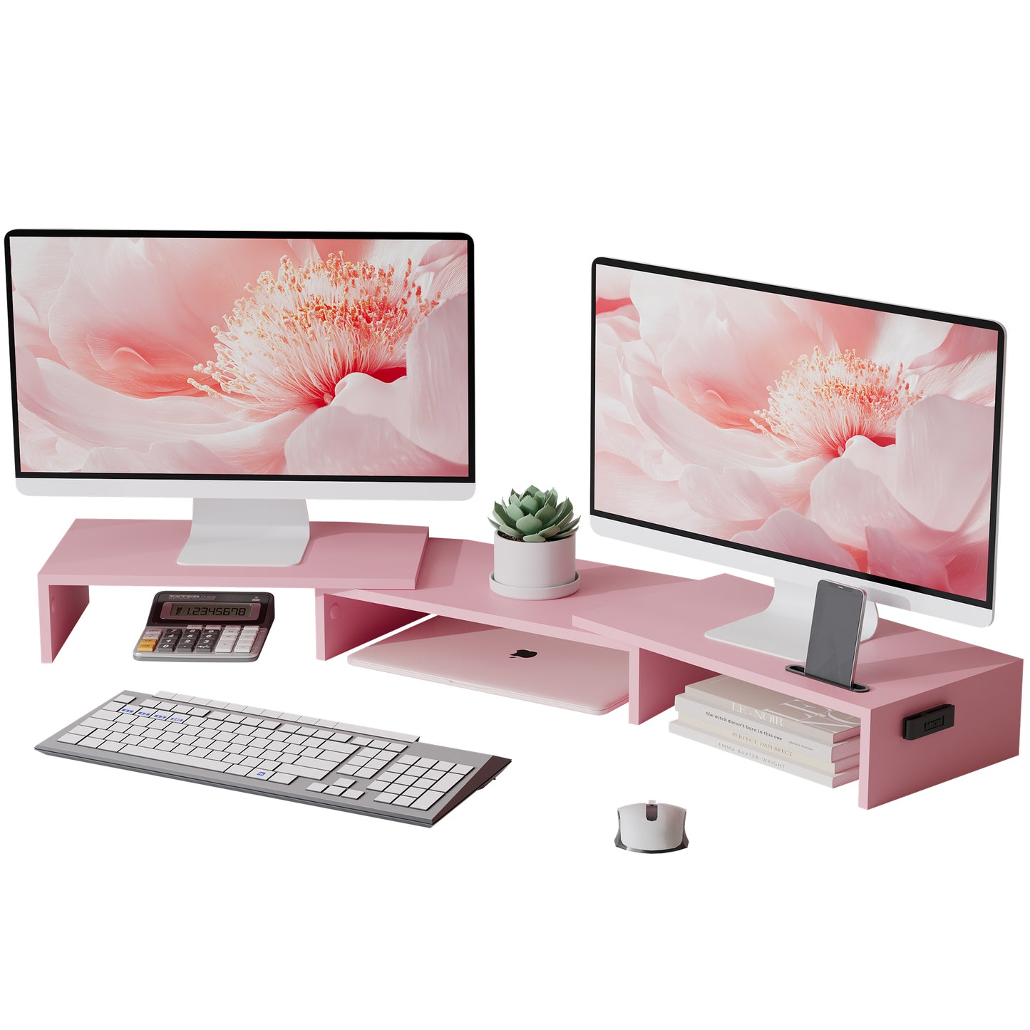 BONTEC Dual Monitor Stand Riser, Adjustable Length & Angle, Ergonomic Desk Organizer with Smartphone Holder, Extra Storage & Cable Management, Wooden Monitor Riser for Laptop, Printer & Monitor