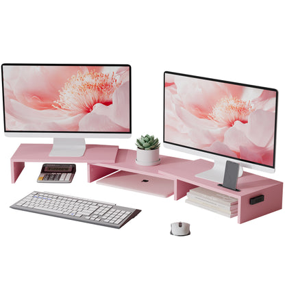 BONTEC Dual Monitor Stand Riser, Adjustable Length & Angle, Ergonomic Desk Organizer with Smartphone Holder, Extra Storage & Cable Management, Wooden Monitor Riser for Laptop, Printer & Monitor