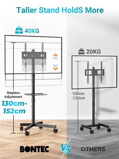 BONTEC Mobile TV Stand on Wheels, Free Standing TV Stand for 23-60 Inch LED LCD Plasma TVs, Rolling Floor TV Cart with Height Adjustable Laptop Shelf, Max VESA 400x400mm, Holds up to 25kg