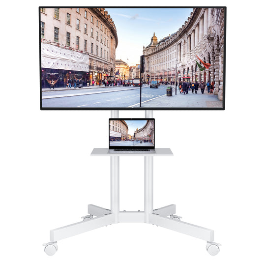 BONTEC Mobile TV Stand on Wheels, Rolling TV Cart with Locking Wheels for 32-85” LED, LCD, OLED Flat & Curved TVs, Tilt, Height Adjustable, Max VESA 600x400mm, 55kg Capacity, Laptop Shelf
