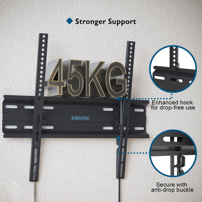 BONTEC Ultra Slim TV Wall Bracket, Tilting TV Wall Mount for 23-60 Inch Flat and Curved TVs, Low Profile Wall Mount 30mm from Wall, Universal TV Mount Holds 45kg, Max VESA 400x400mm, Secure Lock