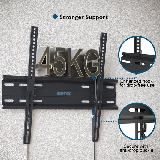 BONTEC Ultra Slim TV Wall Bracket, Tilting TV Wall Mount for 23-60 Inch Flat and Curved TVs, Low Profile Wall Mount 30mm from Wall, Universal TV Mount Holds 45kg, Max VESA 400x400mm, Secure Lock
