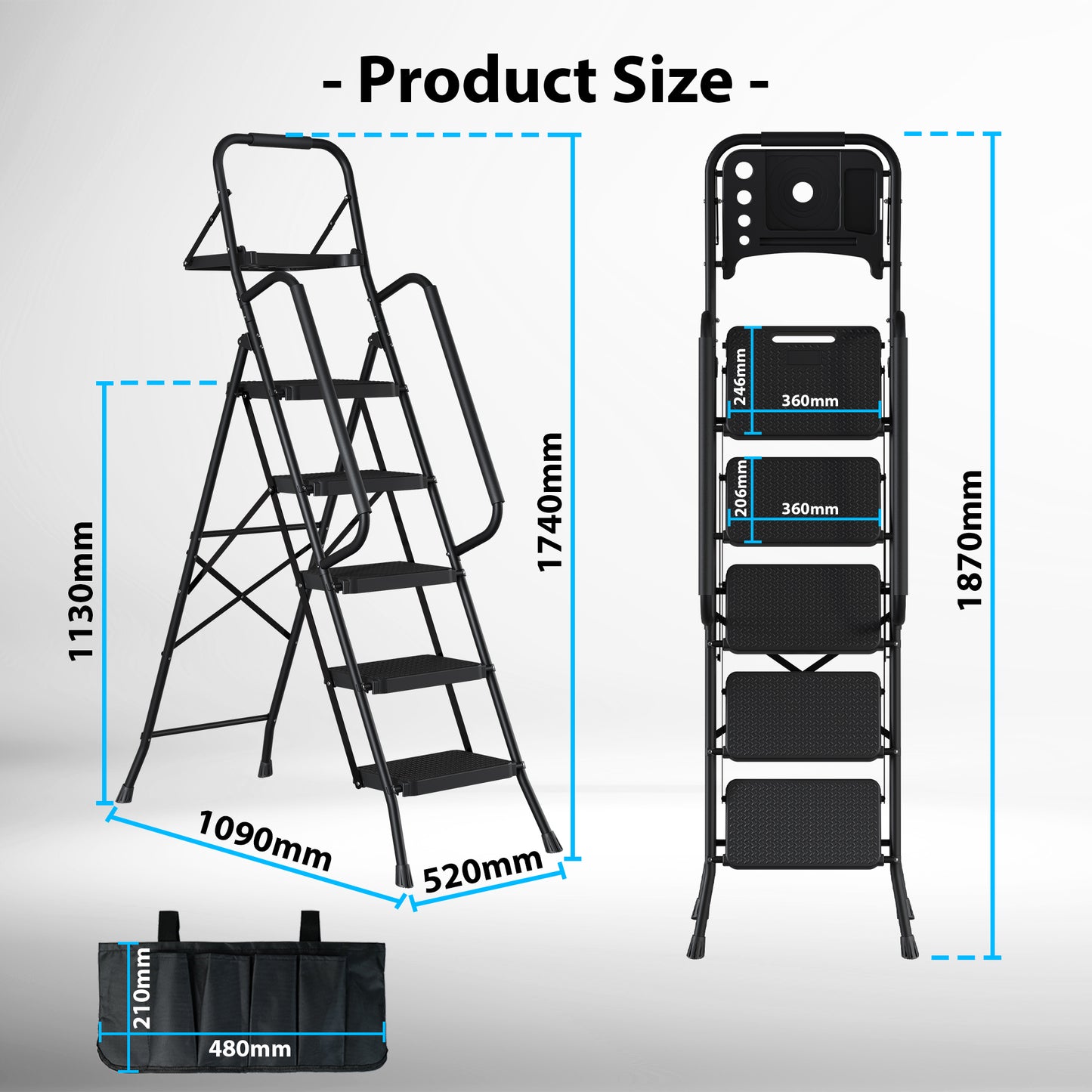 BONTEC 5 Step Ladder with Tool Bag and Tray, Folding Step Ladder with Wide Anti-Slip Pedals, Handrails and Soft Grip, Foldable Metal Step Stool for Kitchen, Pantry, Garage, Up to 150KG, Black