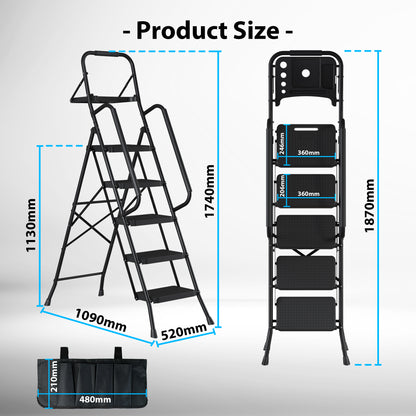 BONTEC 5 Step Ladder with Tool Bag and Tray, Folding Step Ladder with Wide Anti-Slip Pedals, Handrails and Soft Grip, Foldable Metal Step Stool for Kitchen, Pantry, Garage, Up to 150KG, Black
