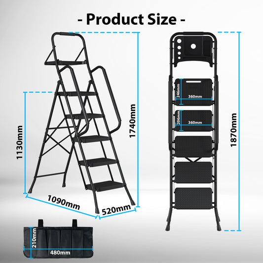 BONTEC 5 Step Ladder with Tool Bag and Tray, Folding Step Ladder with Wide Anti-Slip Pedals, Handrails and Soft Grip, Foldable Metal Step Stool for Kitchen, Pantry, Garage, Up to 150KG, Black