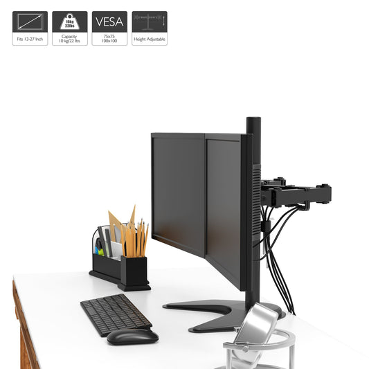 BONTEC Dual Monitor Stand for 13-27” Screens, Adjustable Desk Mount with Tilt, Swivel & Rotate, VESA 75x75 & 100x100mm, Height Adjustable, Holds Up to 10kg per Arm, Sturdy Base for Home & Office Use
