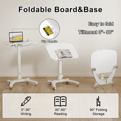 BONTEC Foldable Ergonomic Computer Workstation with Rolling Castors, Height Adjustable Standing Desk, Eco-Friendly Laptop Stand on Wheels, Portable Desk for Home Office, Bedroom, Medical Use, 65x50cm