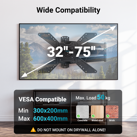 BONTEC Universal Full Motion TV Wall Bracket for 32 to 75 Inch Smart TVs, 838mm Extra Long Arm Corner Mount, Landscape to Portrait Rotation, Swivel and Tilt, 50kg Load Capacity, Max VESA 600x400 mm