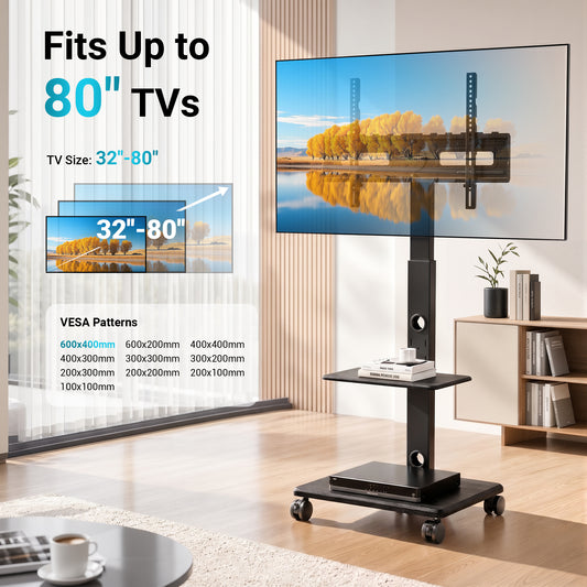 BONTEC TV Stand on Wheels, 5 Wheel Wooden Base Rolling Floor Mount for 32 to 80 inch TVs, Portable Mobile Cart, Wide Column, 60 kg, VESA 600x400, Smooth Castors, Dual Cable System, Height Adjustable