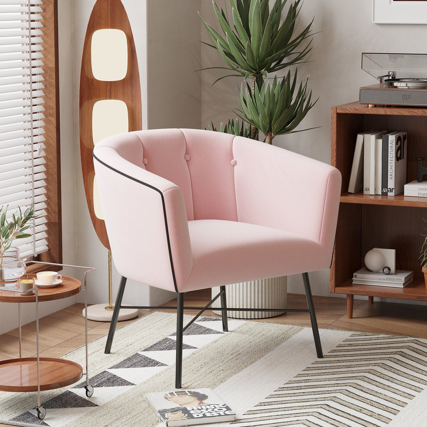 BONTEC Modern Velvet Tub Chair, Upholstered Accent Vanity Chair with Mental Legs, Barrel Armchair for Living Room, Bedroom, Makeup Room, Lounge, Cafe, Pink