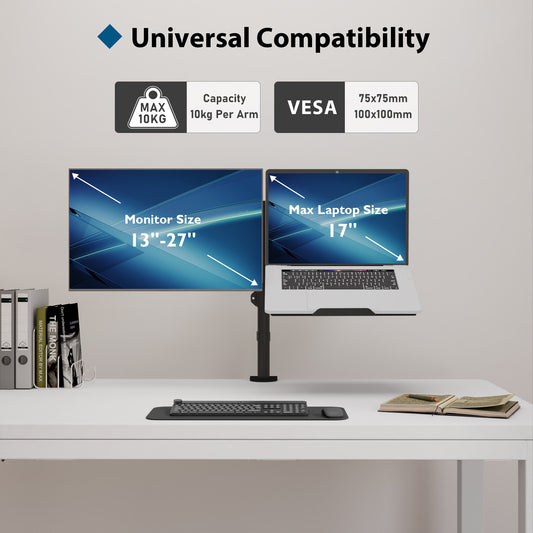 BONTEC Monitor Arm Mount with Laptop Tray for 13 to 27 inch LCD LED Screen & up to 17 inch Notebook,Tilt Rotation Swivel Ergonomic Desk Stand Bracket with Clamp, VESA Dimensions: 75x75-100x100mm