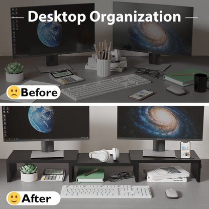 BONTEC Dual Monitor Stand Riser, Adjustable Length & Angle, Ergonomic Desk Organizer with Smartphone Holder, Extra Storage & Cable Management, Wooden Monitor Riser for Laptop, Printer & Monitor