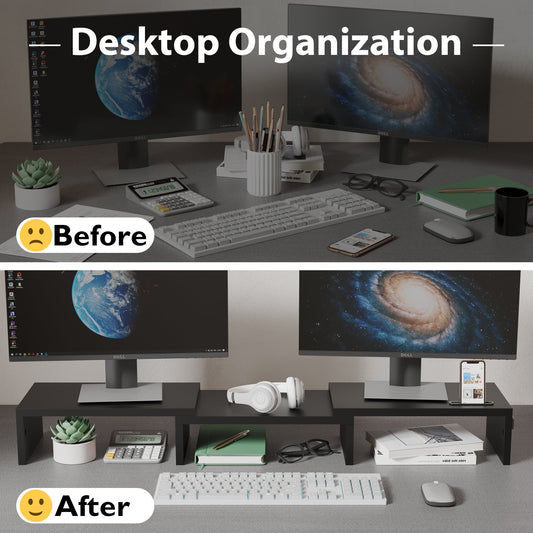 BONTEC Dual Monitor Stand Riser, Adjustable Length & Angle, Ergonomic Desk Organizer with Smartphone Holder, Extra Storage & Cable Management, Wooden Monitor Riser for Laptop, Printer & Monitor