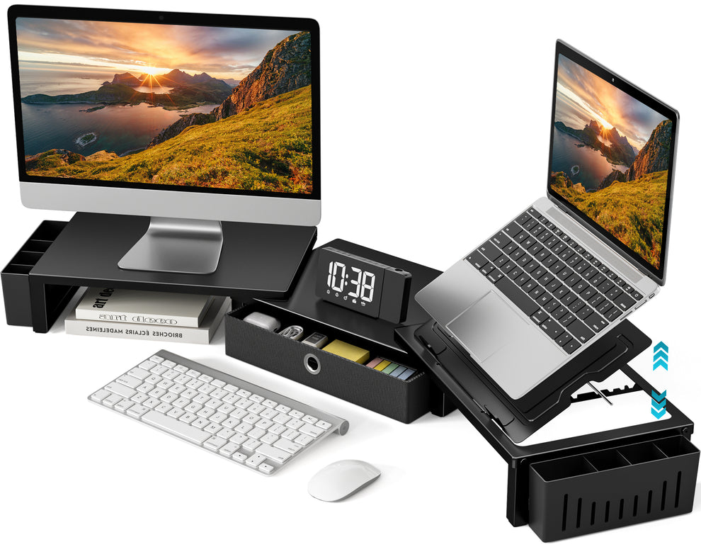 Monitor Riser with Adjustable Laptop Tray & Drawer | BONTEC