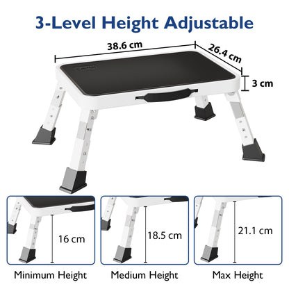 BONTEC Folding Step Stool, Metal Step Ladder up to 150kg, Non-Slip Platform for Adults & Children, Lightweight & Foldable, Portable Step for Kitchen, Bathroom, RV, Camping, Office, Living Room, White